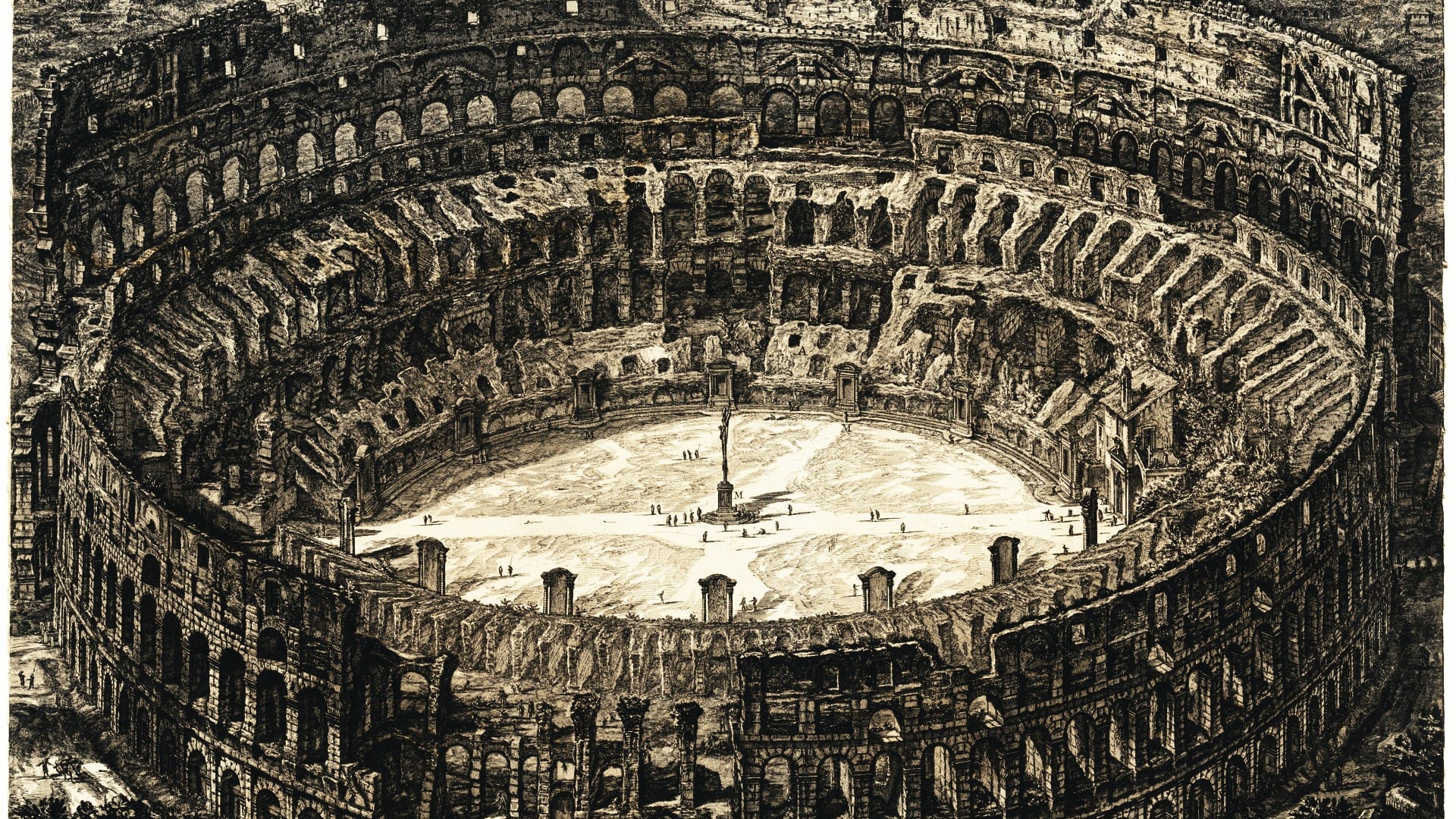 The interior of the Colosseum in Rome, in an 18th-century etching