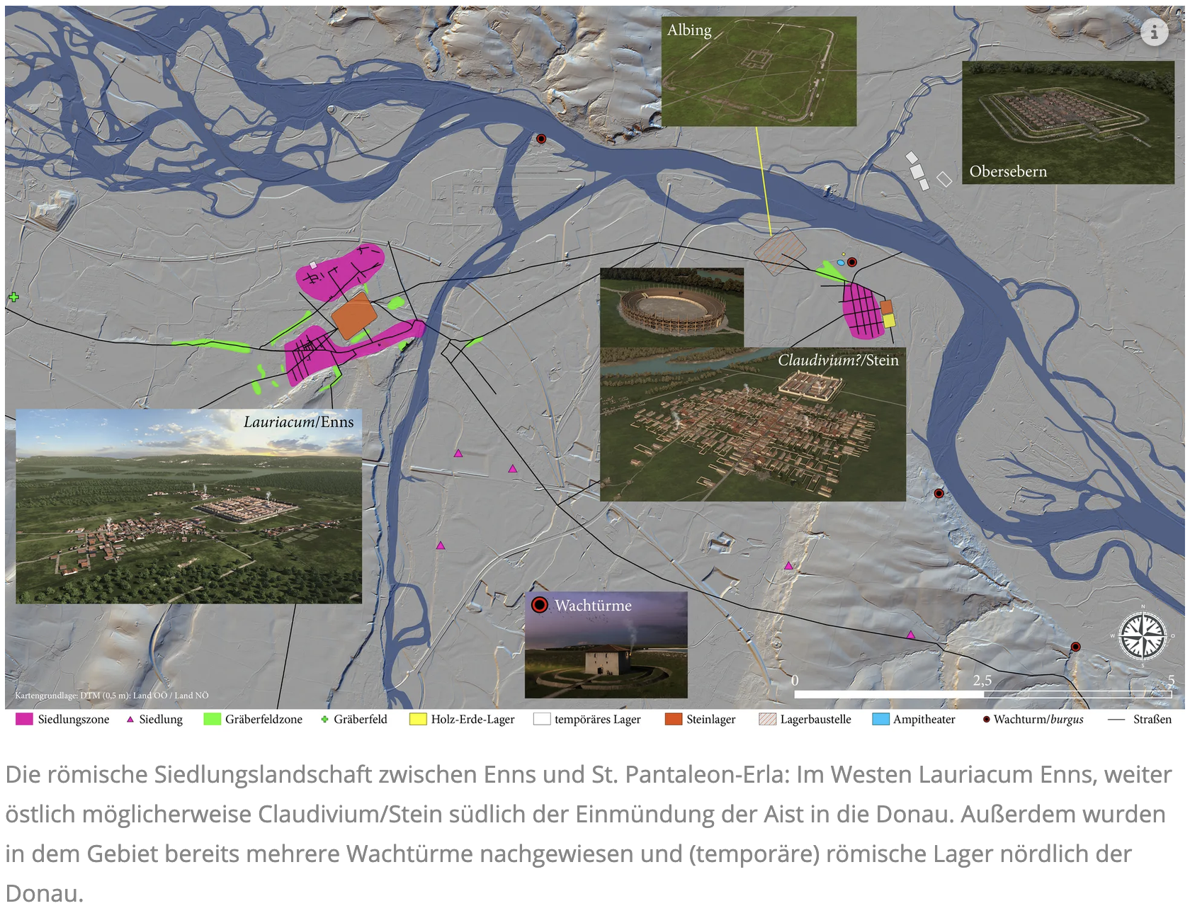 Map of the Roman settlement landscape between Enns and St. Pantaleon-Erla, showing Lauriacum/Enns to the west and Stein to the east near the Aist confluence