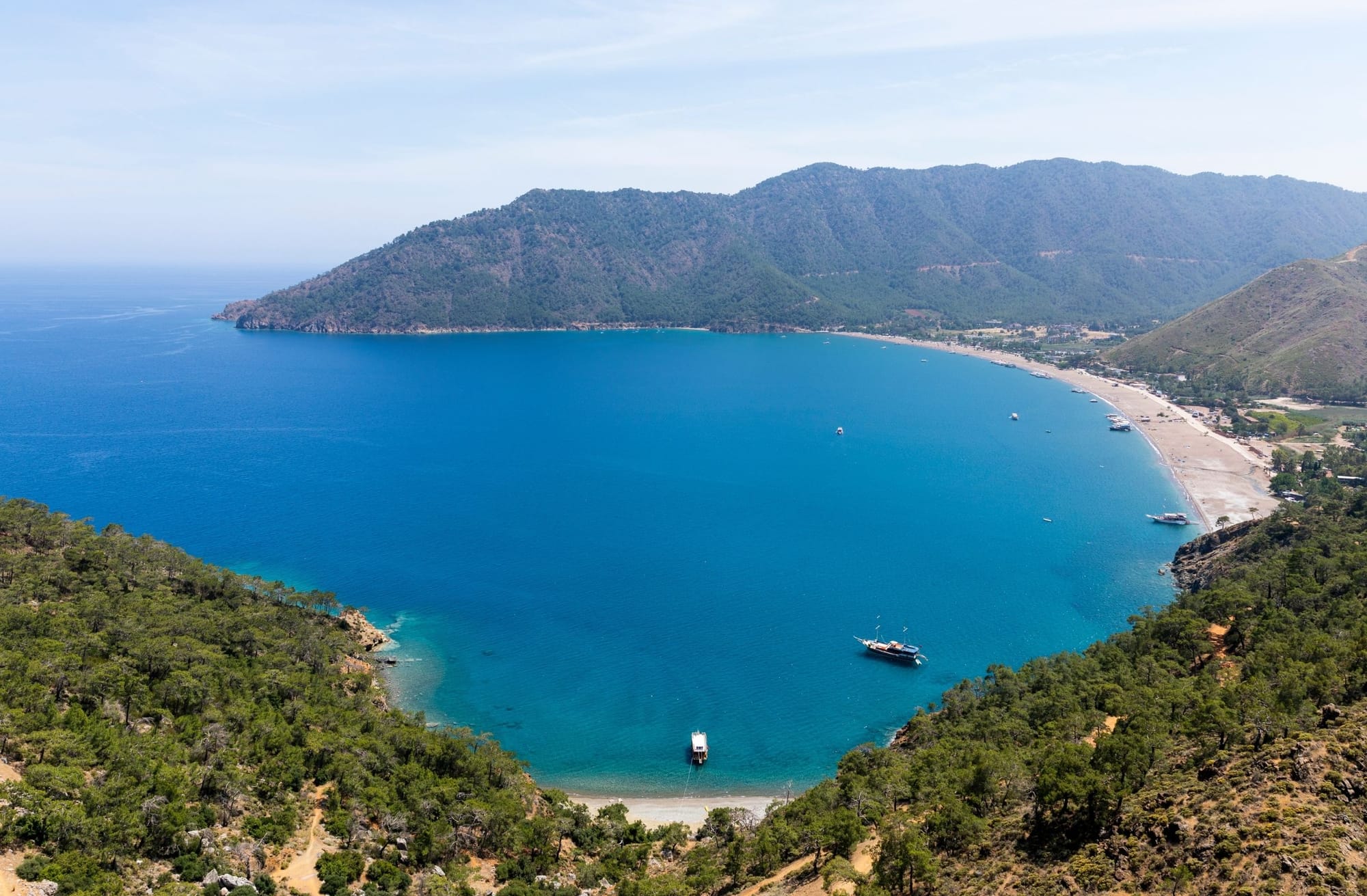 The coast and bay at Adrasan, in Kumluca district, Antalya province, Türkiye, seen from the shore or