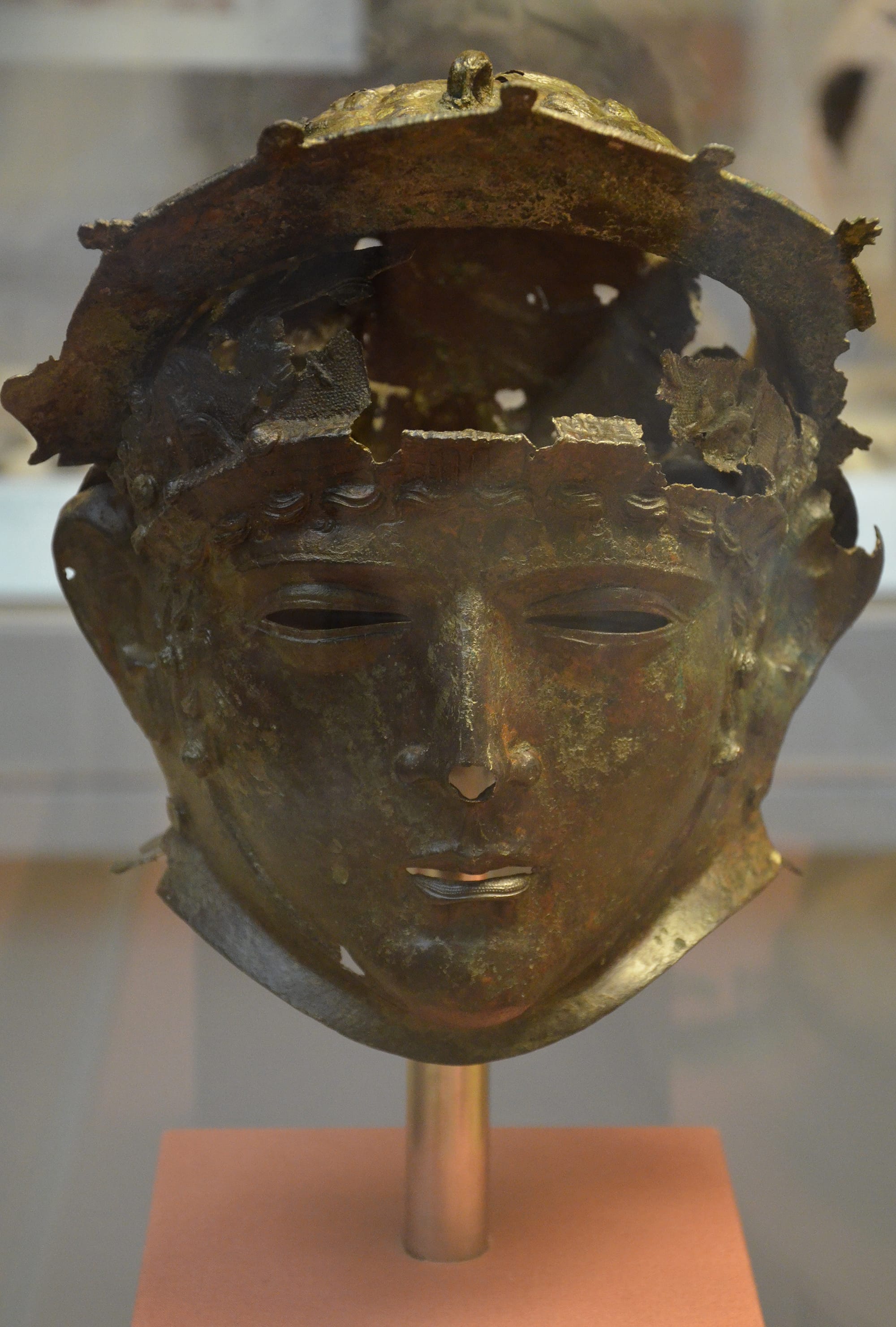 The Ribchester Helmet, the Roman cavalry sports helmet found in 1796, on display